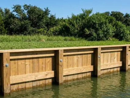 New wooden bulkhead along a grassy shoreline